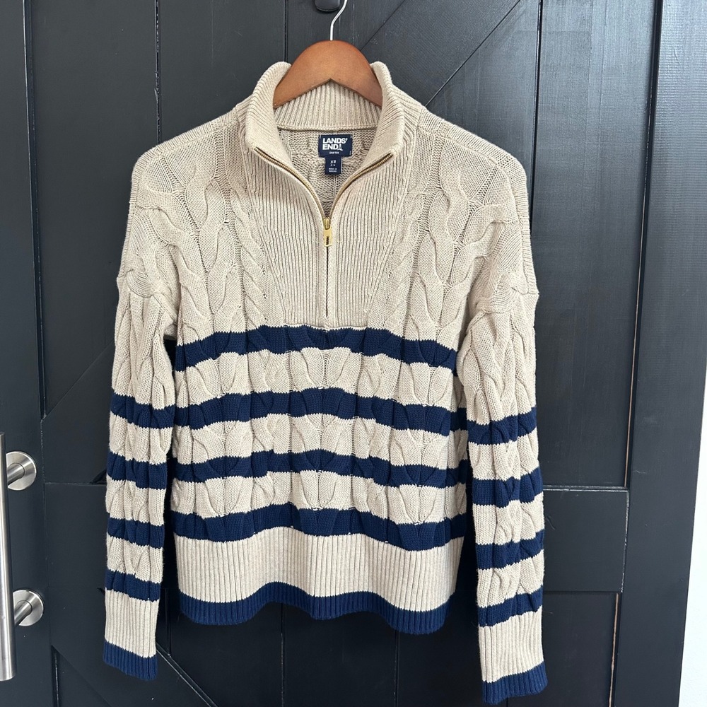 Lands End Drifter Womens XS Sweater Ivory Navy Blue Striped Cable Knit 1/4 Zip